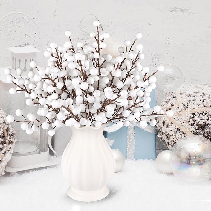 40 Pcs Artificial Berry Stems Branches, Christmas White Faux Holly Berries - Image 5