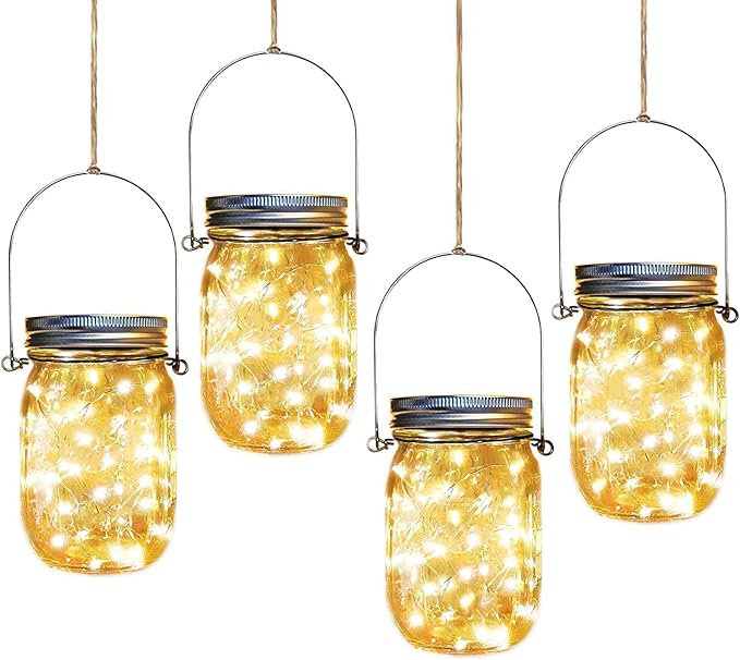 Solar Mason Jar Lights, 4 Pack 30 Led Starry Fairy String Hanging Jar Lights by Aikeve