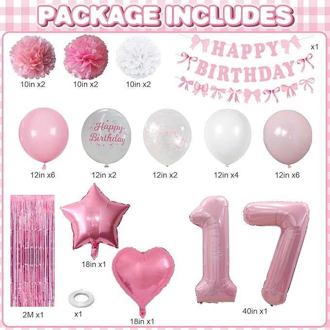 17th Birthday Decorations for Girls Pink Number 17 Balloon Bow Coquette Happy - Image 3