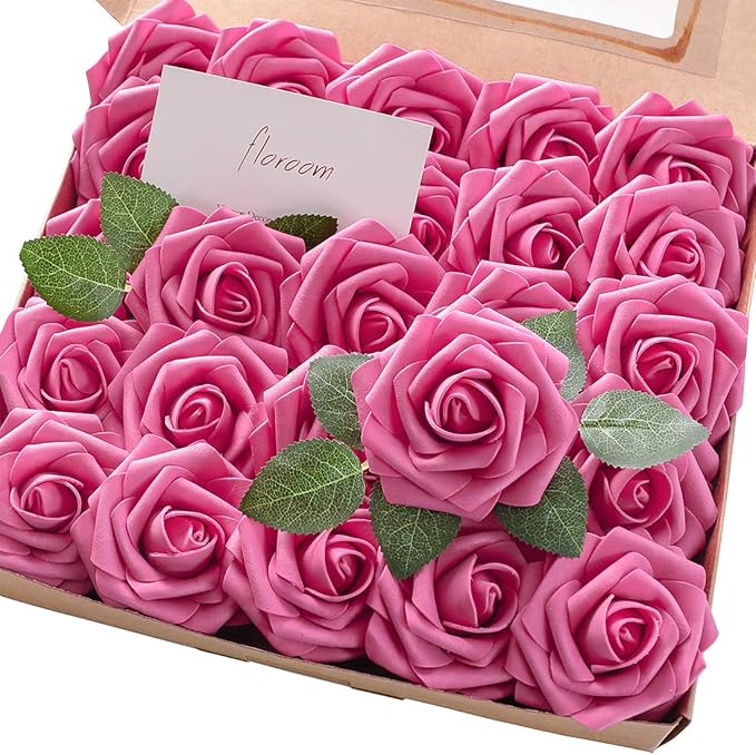 Floroom Artificial Flowers 50pcs Real Looking Hot Pink Foam Fake Roses by Floroom