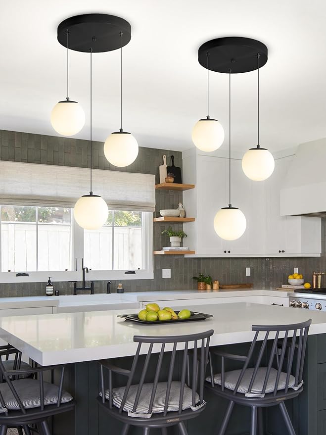 3-Lights Globe Glass Pendant Light Modern White Globe Glass Chandelier Mid by ShialLighting