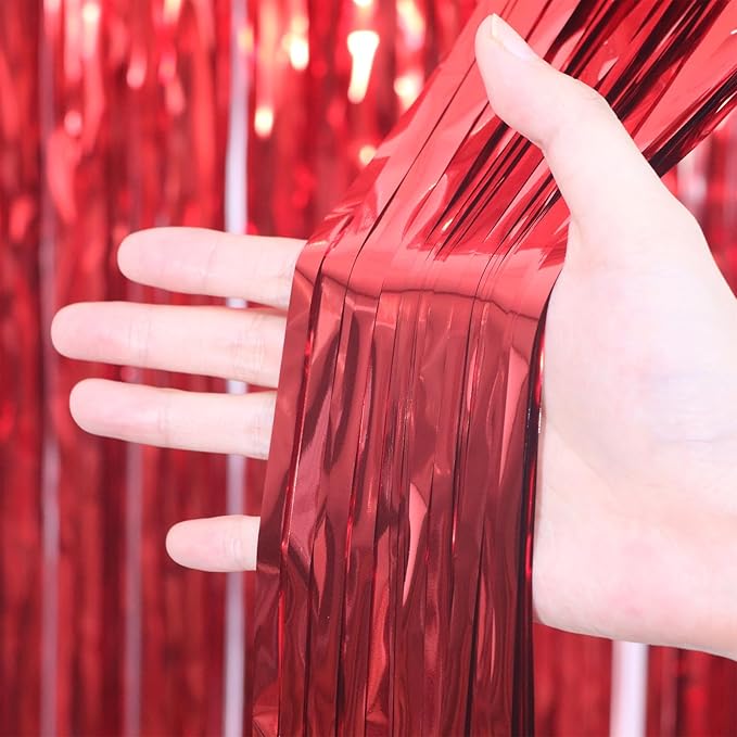 3 Pack 3.3 x 6.6 ft Red Foil Fringe Backdrop Curtains, Tinsel Streamers Party - Image 2