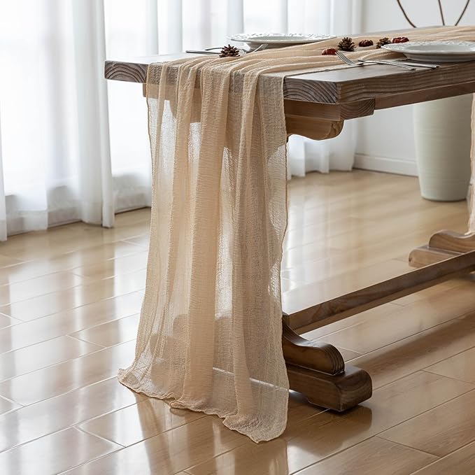 3pcs Deep Beige Cheesecloth Table Runner Rustic Boho Gauze 120 Inch 10 FT - Image 3