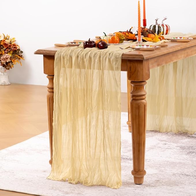 Champagne Gold Cheesecloth Table Runner Fall Table Runner Boho Gauze 120 Inches - Image 2