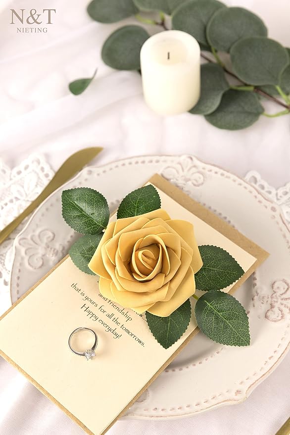 N&T NIETING Artificial Flowers 50pcs Real Looking Gold Yellow Foam Fake Roses - Image 5