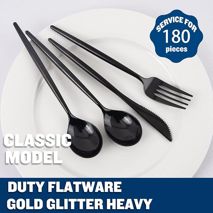 Supernal 180pcs Black Plastic Silverware Heavy Duty Black Party Cutlery - Image 5