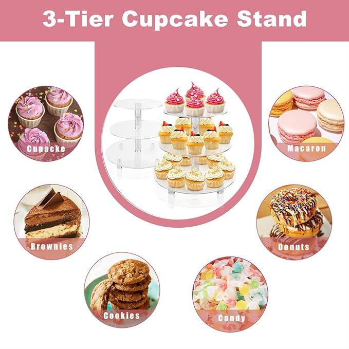 3 Tiers Round Cupcake Stand, Acrylic Cake Tower Stand Holder Macaron Display - Image 5
