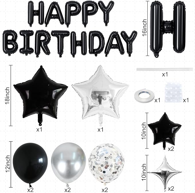 Happy Birthday Balloon Banner Black Silver, 16 Inch Mylar Foil Letter Balloons - Image 2