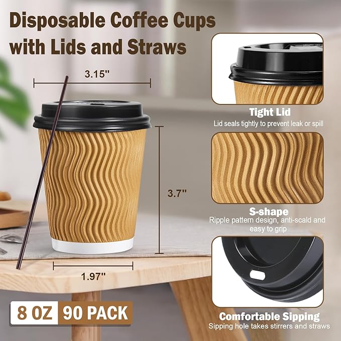 SIUQ 90 Pack - 8 oz Disposable Coffee Cups - Image 2