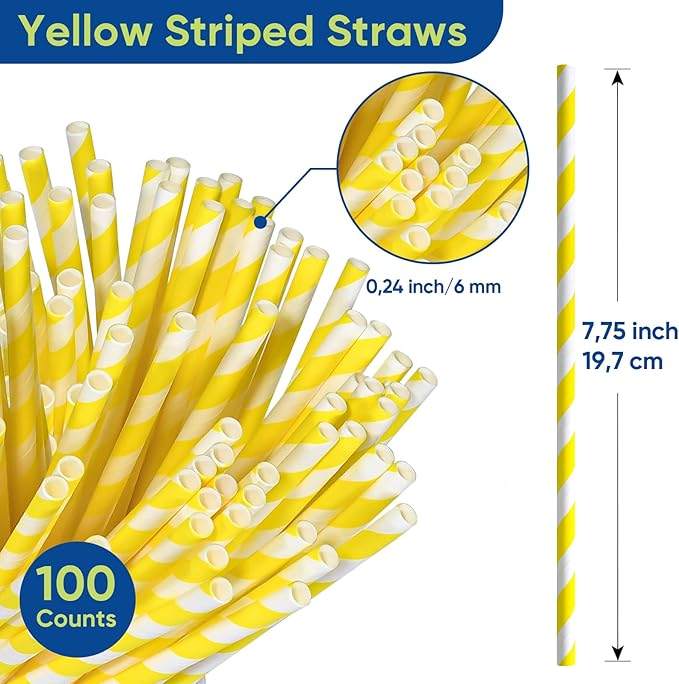 Eco-friendly Yellow White Striped Disposable Paper Drinking Straws 7.75'' x - Image 3