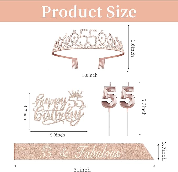 55 Birthday Decorations for Women Including Sash, Numeral Candles and Cake - Image 3