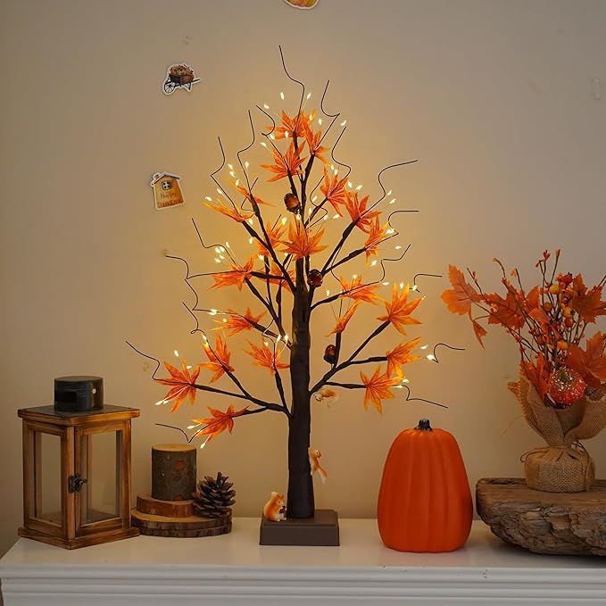 24” 72 LED Fall Decorations for Home, Birch Tree Lighted Fall Maple Leaves - Image 2