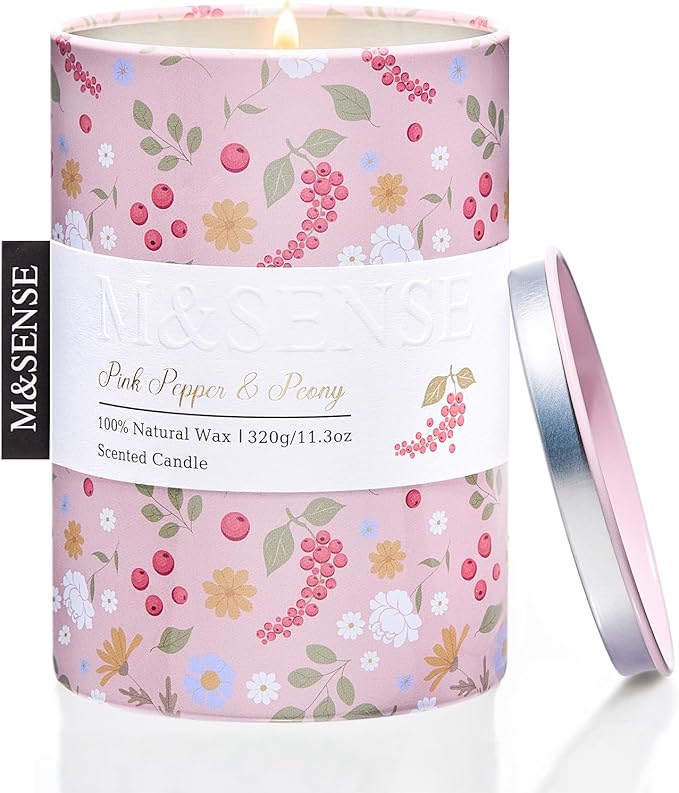 M&SENSE Pink Pepper Peony Scented Candle, Medium Jar Candle 11.3oz Natural Soy by MSENSE