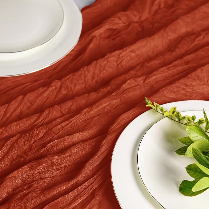 Hahuho Terracotta Cheesecloth Table Runner 10ft, Gauze Boho Rustic Table Runners - Image 2