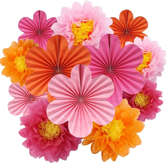 12PCS Paper Flowers Fans Orange and Hot Pink Party Decorations Tissue Paper by Unknown