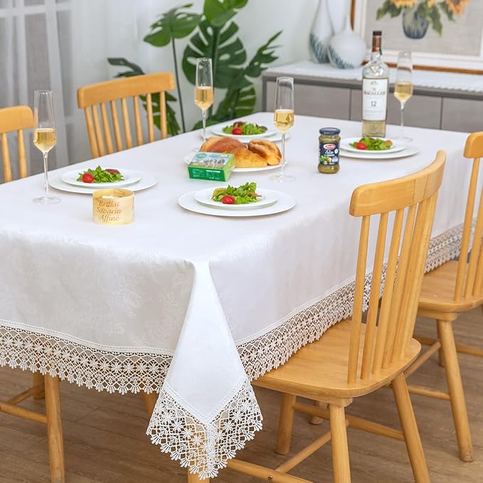 White lace Premium Rectangle Farmhouse Tablecloth Waterproof OilProof by BrekSdat