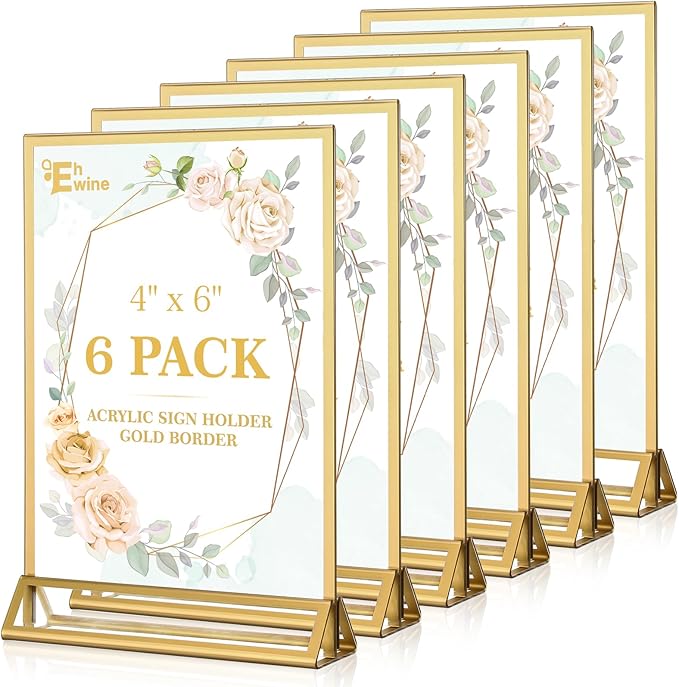 EHWINE 6 Pack Acrylic Sign Holder 4 x 6, Double Sided Gold Picture Frame Stand by EHWINE