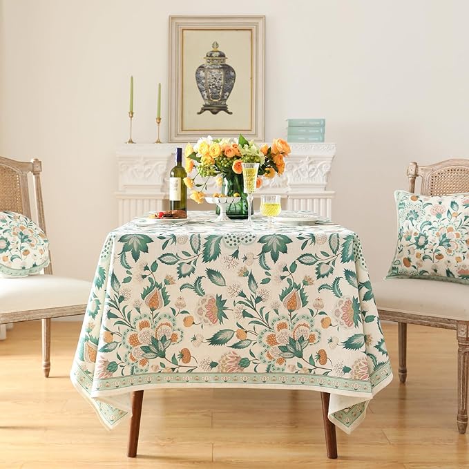 patdrea Designer Green Square Table Cloth, Vintage Italian Floral Durable - Image 4