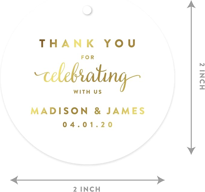 Andaz Press Personalized Round Circle Wedding Gift Tags, Metallic Gold Ink - Image 6