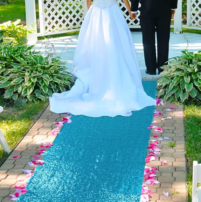 ShinyBeauty 4ftx15ft Turquoise Sequin Aisle Runner | Glitter Wedding Rug Runner by ShinyBeauty