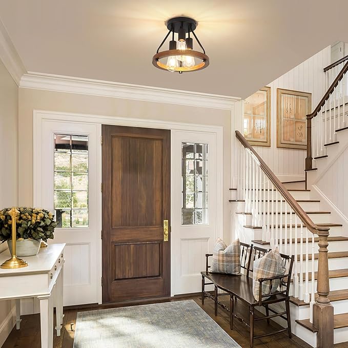 Modern Farmhouse Wood Semi Flush Mount Ceiling Light, Hallway Entryway Light - Image 4