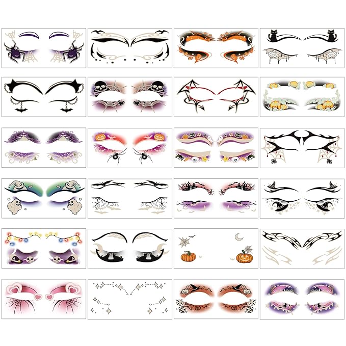 24 Pairs Halloween Luminous Eye Shadow Temporary Tattoos, Eyeliner Tattoo by Yazhiji