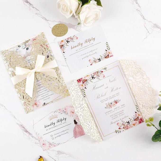 50pcs Gold Glitter Laser Cut Invitation Pockets Rose Personalized Blank Wedding - Image 7