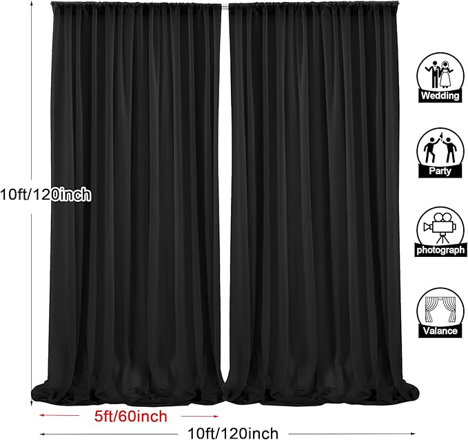 PARTISKY 10ftx10ft Black Chiffon Sheer Backdrop Curtains, Wrinkle-Free Wedding - Image 3