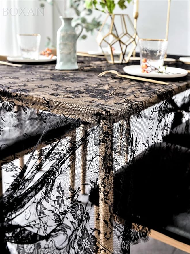 BOXAN Black Lace Tablecloth Overlay Rose Vintage Embroidered, Romantic Boho - Image 4