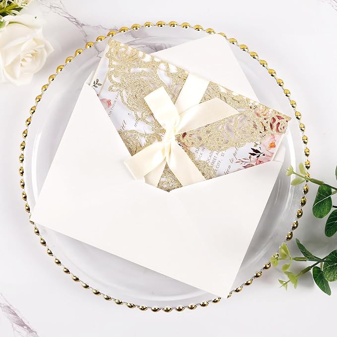 50pcs Gold Glitter Laser Cut Invitation Pockets Rose Personalized Blank Wedding - Image 4