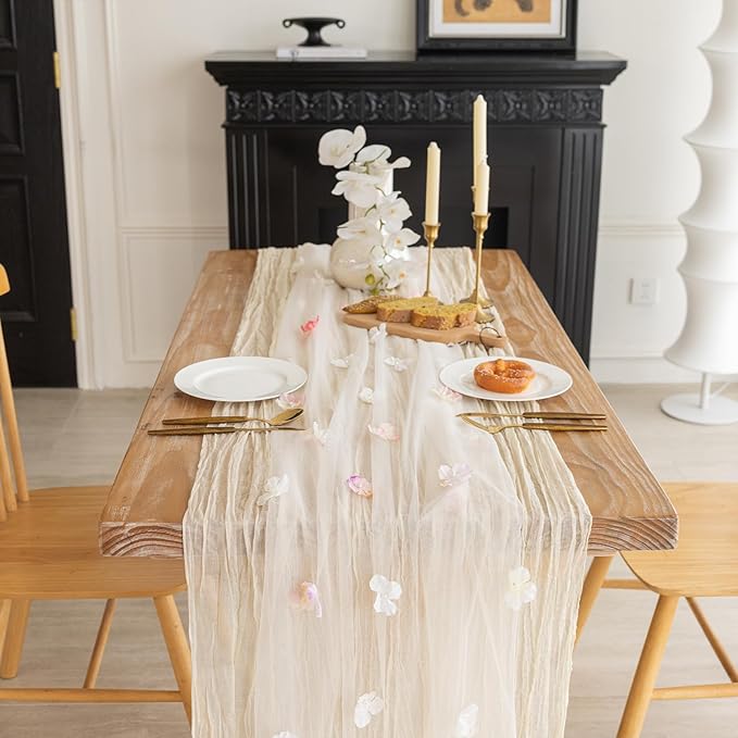 Romantic Artificial Floral Table Runner 10ft Gauze Tulle Lace Table Runner Set by Gzcvba