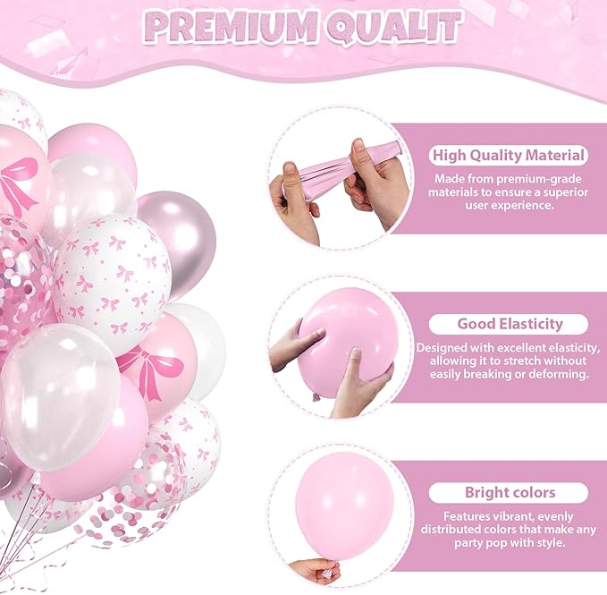 Pink Bow Latex Balloons, Bow Printed Balloon Metallic Confetti Balloon - Image 3