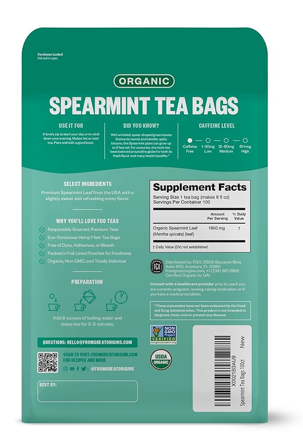 FGO Organic Spearmint Leaf Tea, Eco-Conscious Tea Bags, Caffeine Free, - Image 2