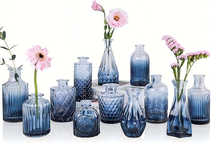 Navy Blue Glass Bud Vases Set of 12, Mini Flower Vase by UPBUD