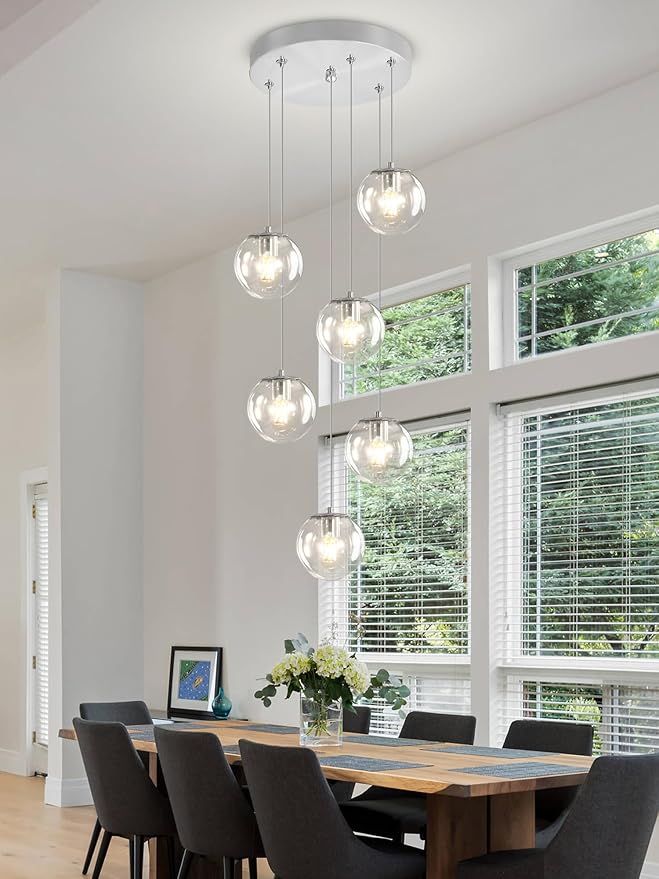 H 87in Modern Glass Globe Chandelier 6-Lights Glass Pendant Light - Image 2