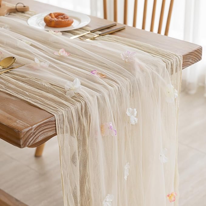 Romantic Artificial Floral Table Runner 10ft Gauze Tulle Lace Table Runner Set - Image 2
