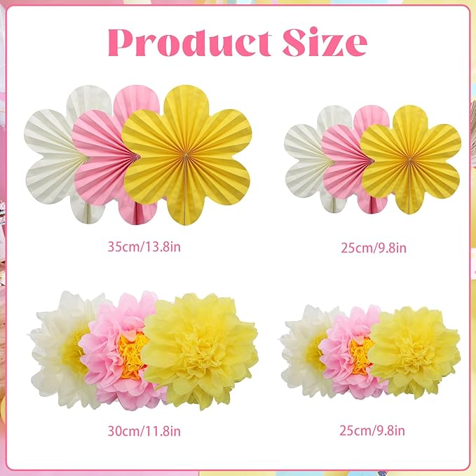 BestoFun 12PCS Paper Flowers Fans Pink Yellow Party Decorations Tissue Paper - Image 4