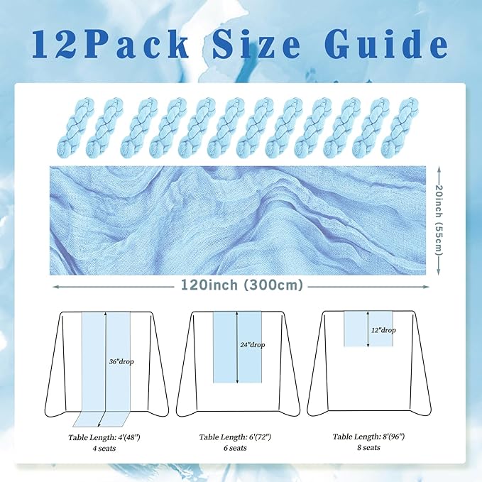 12 Pack Baby Blue Cheesecloth Table Runner 20 x 120 Inch Long Rustic Gauze - Image 2