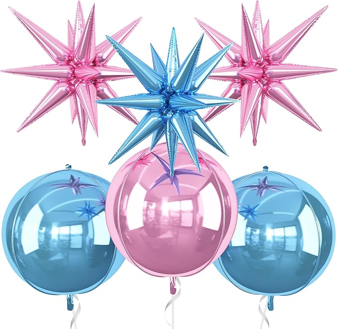 6Pcs Pink Blue Foil Balloons, 22Inch Blue Pink 4D Round Ball Balloon and by Adorely