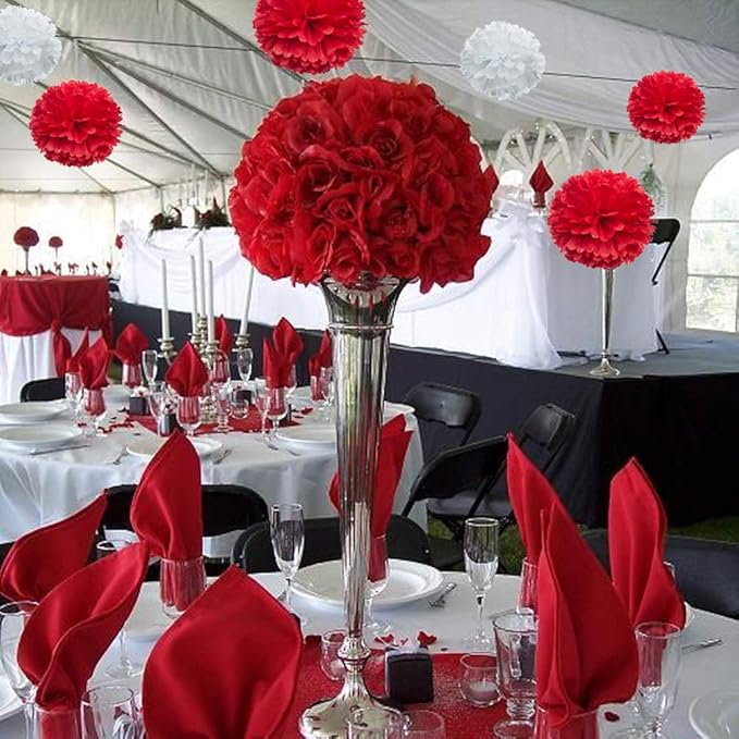 Red Paper Flower Tissue Pom Poms Party Supplies - Image 3