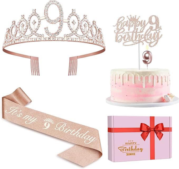 9th Birthday Decorations for Girl Including Sash, Numeral Candle and Cake Topper by JueslyBirthdayParty
