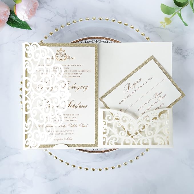 ponatia 5.12 x 7.2 Ivory Laser Cut Wedding Invitations, Trifold Laser Cut - Image 4