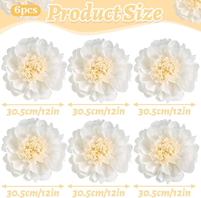 SUNBEAUTY 6 Pcs White Giant Paper Flowers Decorations 12" Large Tissue - Image 3