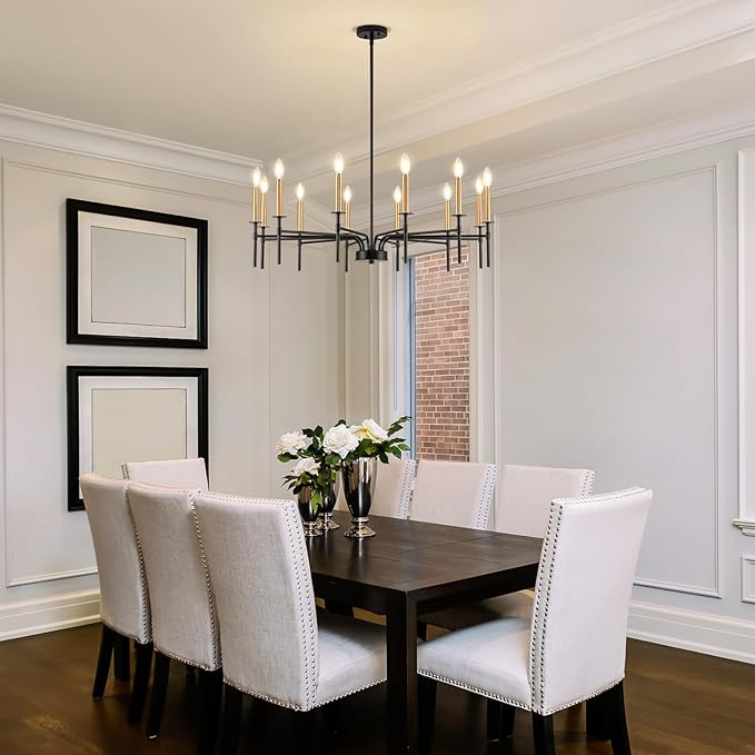 12 Light Modern Farmhouse Black and Gold Chandeliers - Image 2