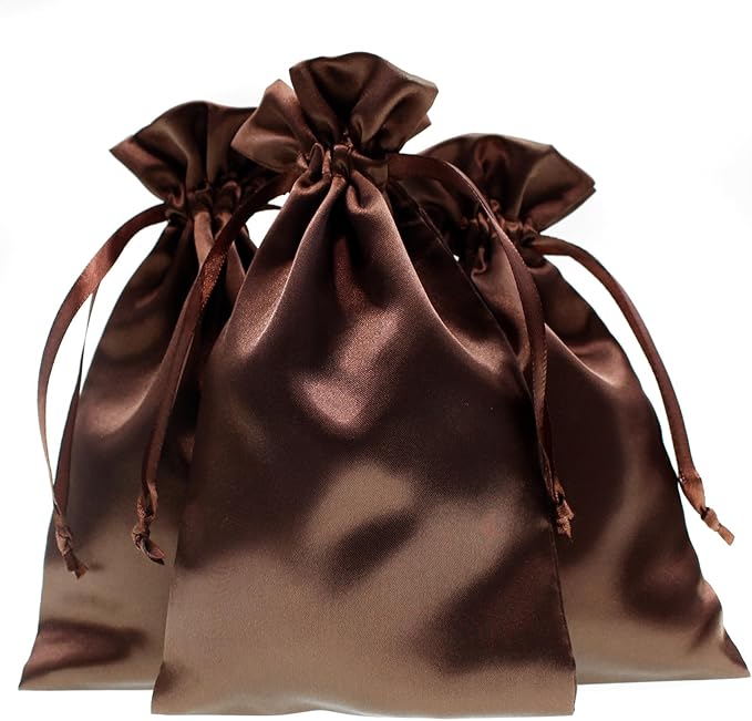 Knitial 5" x 8" Chocolate Brown Satin Gift Bags, Wedding Favor Drawstring Bags by Knitial