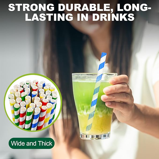 Chunspak 6" Short Fat Colorful Striped Paper Drinking Straws Disposable 100 - Image 5