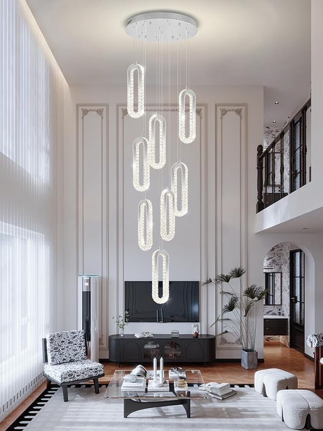 8 Rings Crystal Chandelier, H 118" Modern Silver Pendant Light Luxury Foyer - Image 8