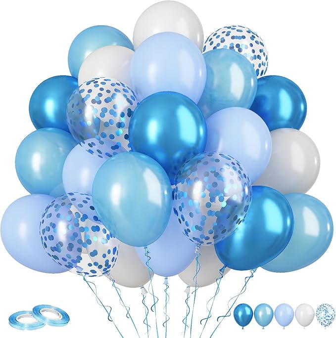 60pcs Blue & White Balloons - 12in Metallic Blue Pearl Confetti Latex - Boys by FunHot