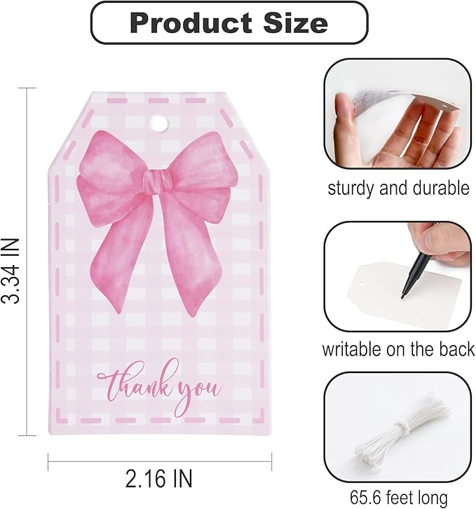 100Pcs Pink Bow Gift Tags with String Pink Buffalo Plaid Large Gift Tags with - Image 2