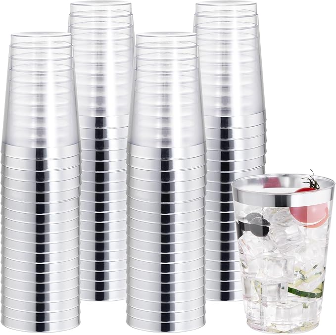 I00000 50 Pack 12 oz Silver Rimmed Disposable Cups, Heavy Duty Plastic Tumblers by I00000